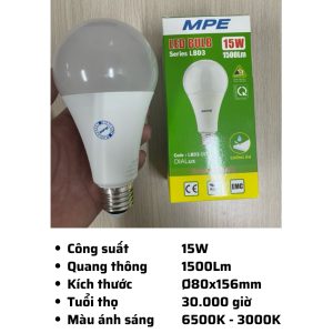 Bóng đèn led bulb tròn 15W Đui E27 - Ánh sáng trắng LBD3-15T của hãng MPE với công suất 15W