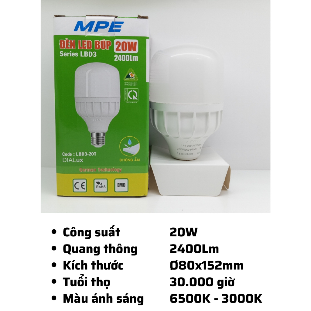 Bóng đèn led bulb tròn 20W Đui E27 - Ánh sáng trắng LBD3-20T MPE - Ảnh 2