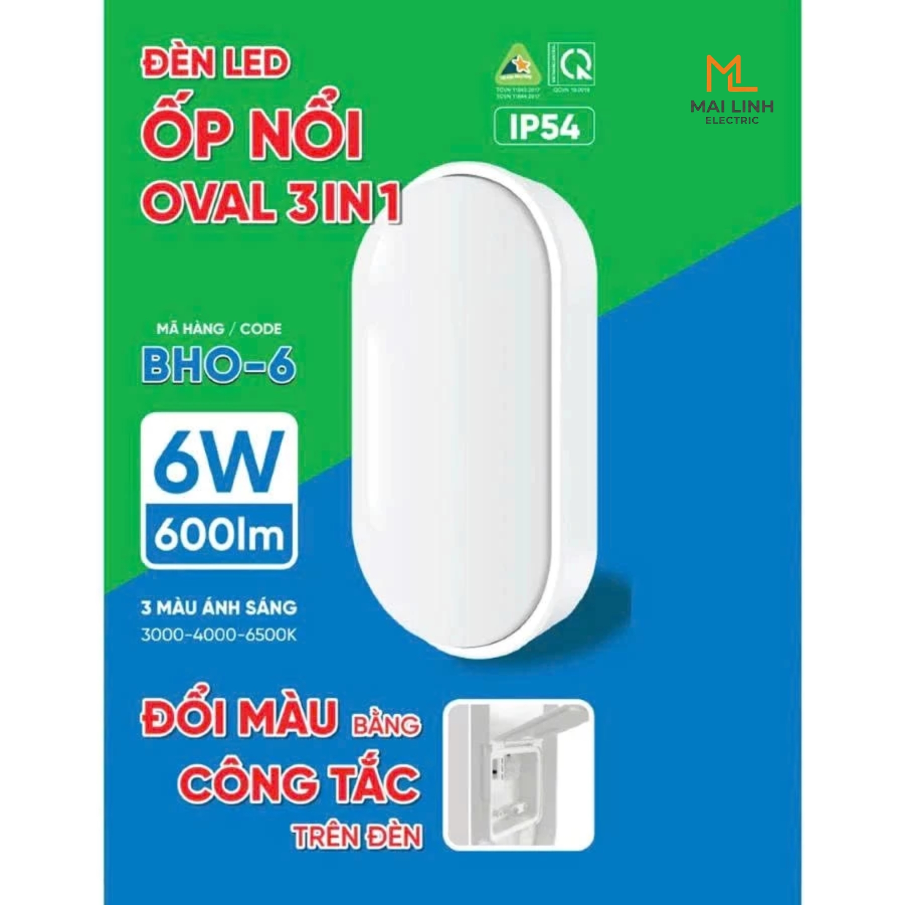 Đèn led downlight ốp nổi oval 6W đổi 3 màu BHO-6 MPE