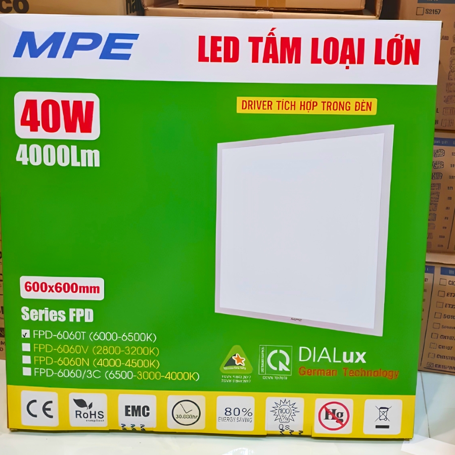 Đèn led tấm panel loại lớn 600x600mm tích hợp driver 40W ánh sáng trung tính FPD-6060N MPE