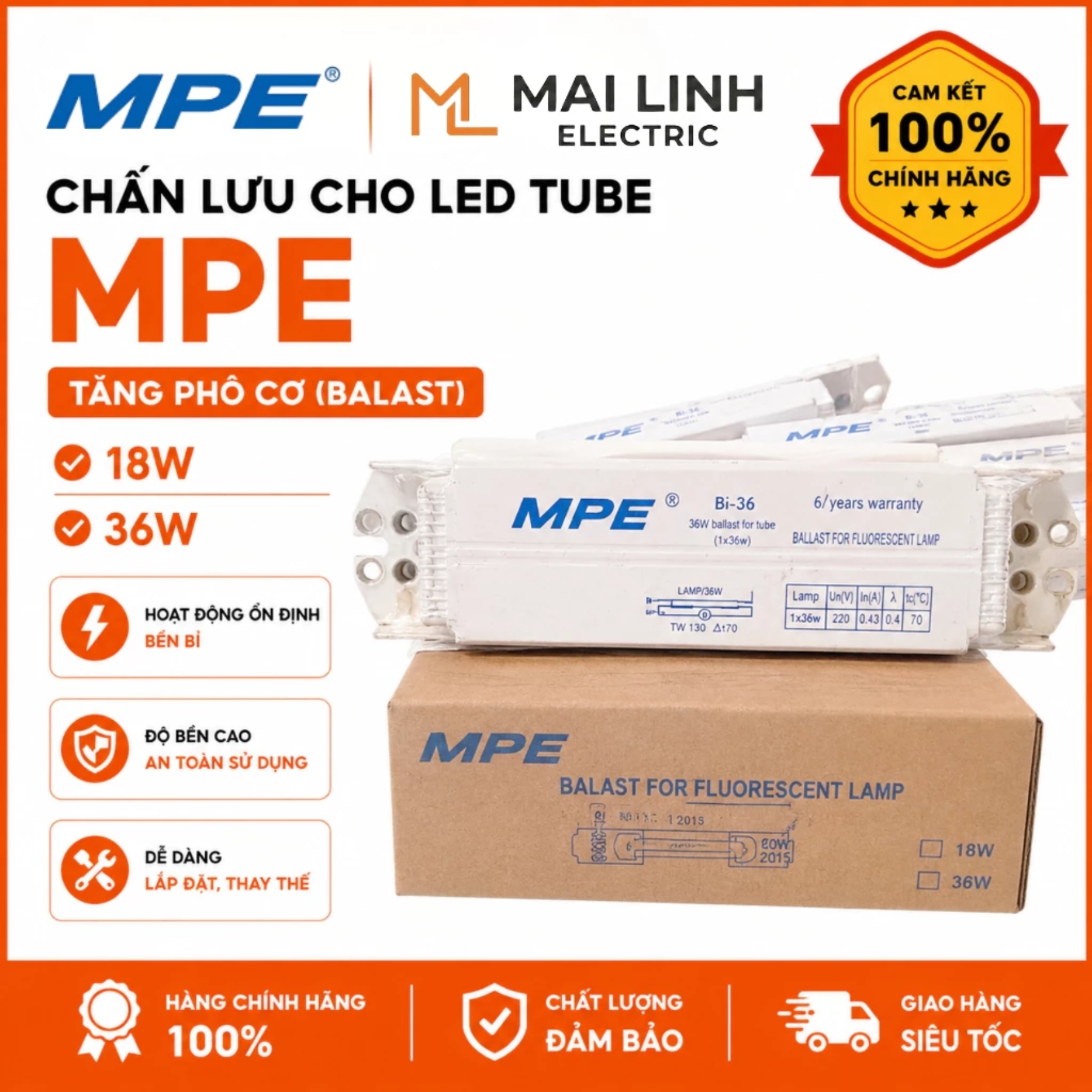 Chấn lưu 36W BL-36 MPE - Dùng cho bóng tuýp huỳnh quang