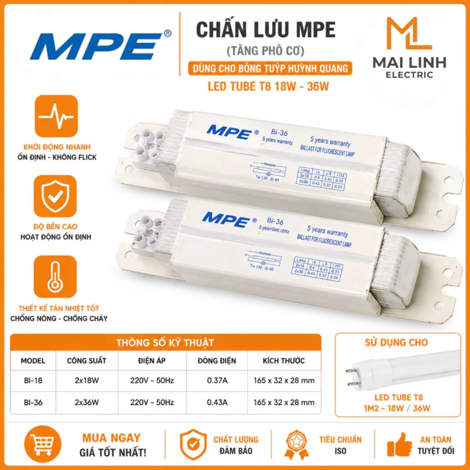 Chấn lưu 36W BL-36 MPE - Dùng cho bóng tuýp huỳnh quang
