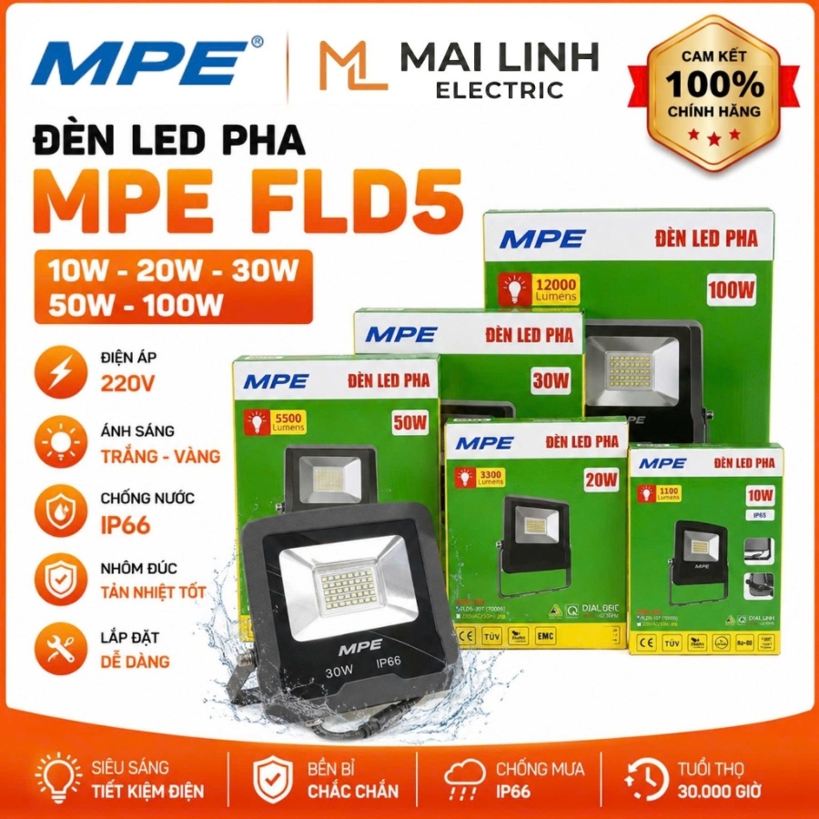 Đèn led pha 100W ánh sáng vàng FLD5-100V MPE - Thiết bị điện Mai Linh Electric