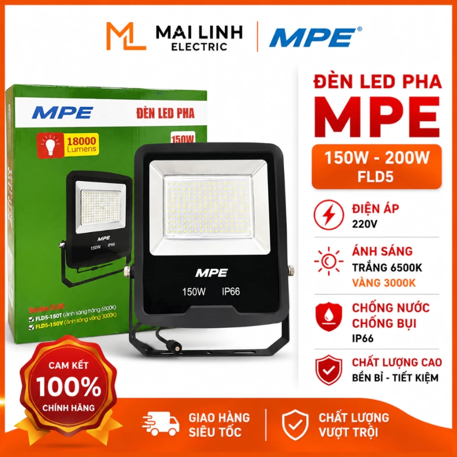 Đèn led pha 150W ánh sáng vàng FLD5-150V MPE - Thiết bị điện Mai Linh Electric