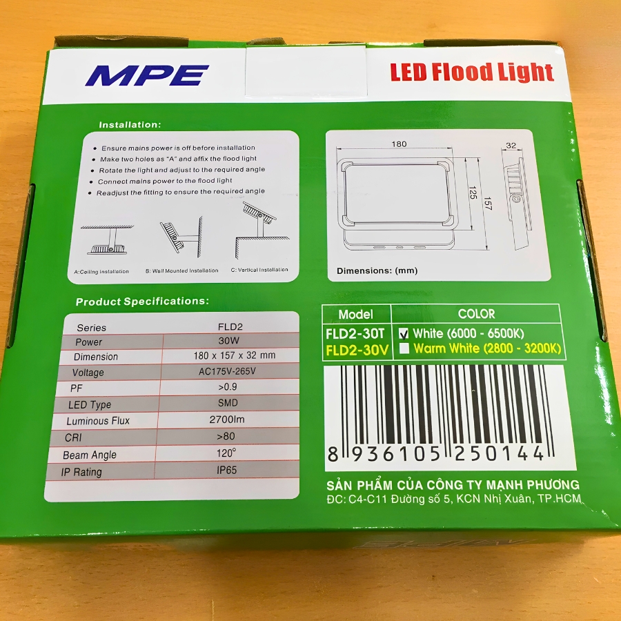 Đèn led pha 30W ánh sáng trắng FLD2-30T MPE - Thiết bị điện Mai Linh Electric