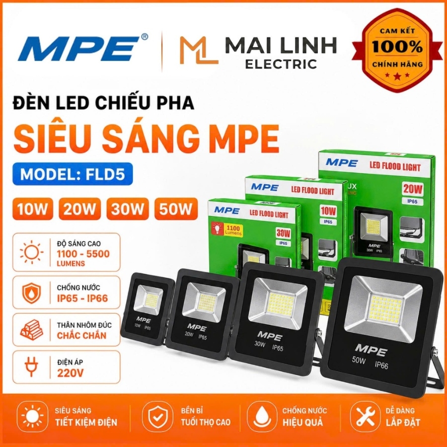 Đèn led pha 30W ánh sáng vàng FLD5-30V MPE - Thiết bị điện Mai Linh Electric