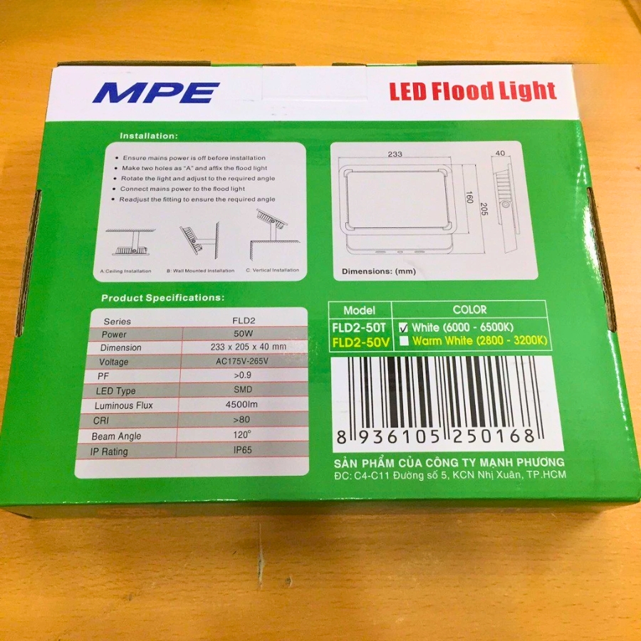 Đèn led pha 50W ánh sáng trắng FLD2-50T MPE - Thiết bị điện Mai Linh Electric