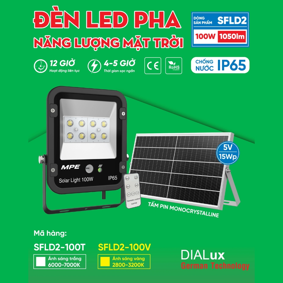 Đèn led pha năng lượng mặt trời 100W ánh sáng trắng SFLD2-100T MPE - Thiết bị điện Mai Linh Electric