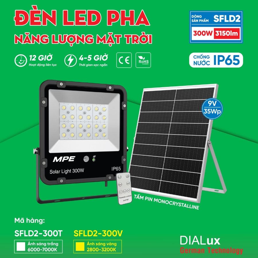 Đèn led pha năng lượng mặt trời 300W ánh sáng vàng SFLD2-300V MPE - Thiết bị điện Mai Linh Electric