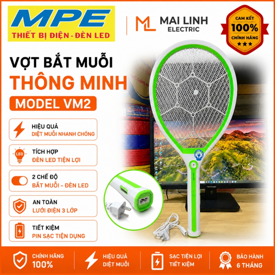 Vợt muỗi có 2 chế độ hoạt động - Tích hợp đèn led chiếu sáng VM2 MPE - Thiết bị điện Mai Linh Electric