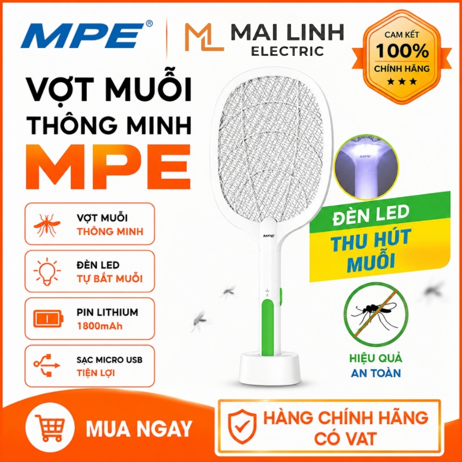 Vợt muỗi thông minh có đèn LED tự bắt muỗi VM1 MPE - Thiết bị điện Mai Linh Electric