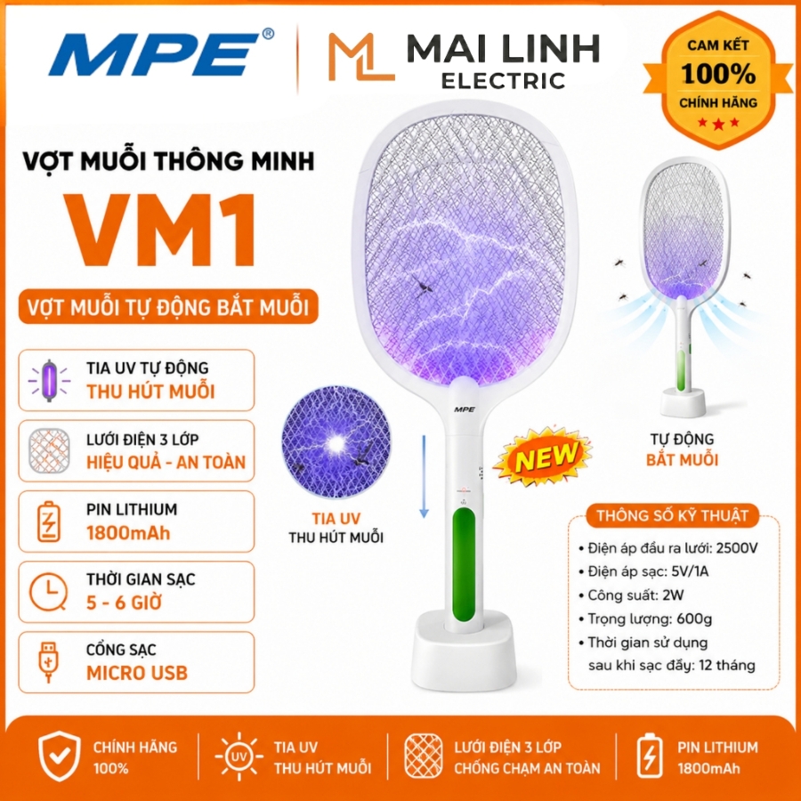 Vợt muỗi thông minh có đèn LED tự bắt muỗi VM1 MPE - Thiết bị điện Mai Linh Electric