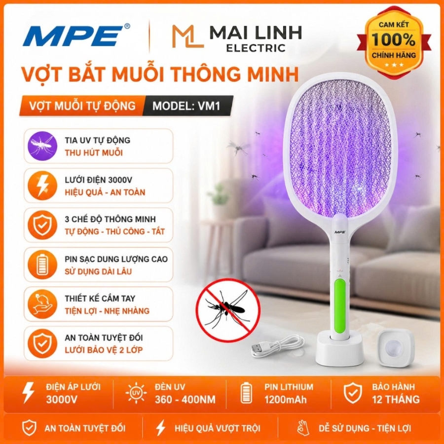 Vợt muỗi thông minh có đèn LED tự bắt muỗi VM1 MPE - Thiết bị điện Mai Linh Electric