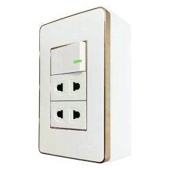 Bộ công tắc đơn viền vàng - 1 công tắc tích hợp 2 ổ cắm 2 chấu và đế nổi đơn A60B12U1G MPE - Thiết bị điện Mai Linh Electric