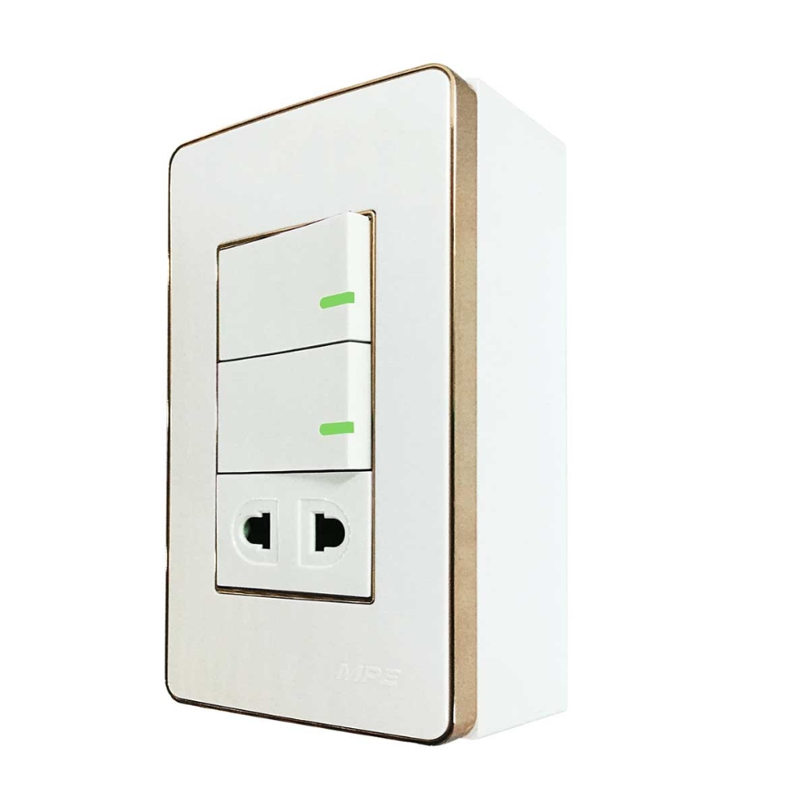 Bộ công tắc đơn viền vàng - 2 công tắc tích hợp 1 ổ cắm 2 chấu và đế nổi đơn A60B11U2G MPE - Thiết bị điện Mai Linh Electric