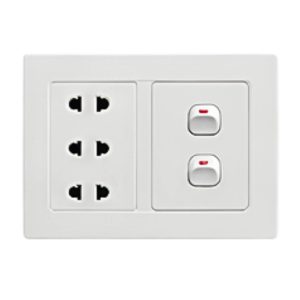 Bộ công tắc ổ cắm đôi - 2 công tắc tích hợp 3 ổ cắm 2 chấu và đế nổi đôi A20B23U2N MPE - Thiết bị điện Mai Linh Electric