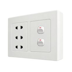 Bộ công tắc ổ cắm đôi - 2 công tắc tích hợp 3 ổ cắm 2 chấu và đế nổi đôi A20B23U2N MPE - Thiết bị điện Mai Linh Electric