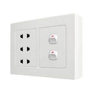Bộ công tắc ổ cắm đôi - 2 công tắc tích hợp 3 ổ cắm 2 chấu và đế nổi đôi A20B23U2N MPE - Thiết bị điện Mai Linh Electric