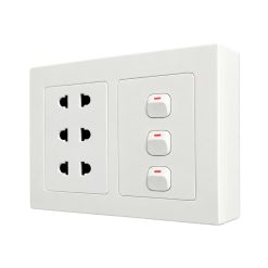 Bộ công tắc ổ cắm đôi - 3 công tắc tích hợp 3 ổ cắm 2 chấu và đế nổi đôi A20B23U3N MPE - Thiết bị điện Mai Linh Electric