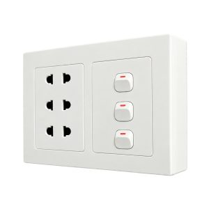 Bộ công tắc ổ cắm đôi - 3 công tắc tích hợp 3 ổ cắm 2 chấu và đế nổi đôi A20B23U3N MPE - Thiết bị điện Mai Linh Electric