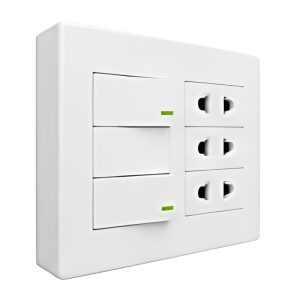 Bộ công tắc ổ cắm đôi - 3 ổ cắm 2 chấu tích hợp 2 công tắc và đế nổi đôi A60B23U2N MPE - Thiết bị điện Mai Linh Electric