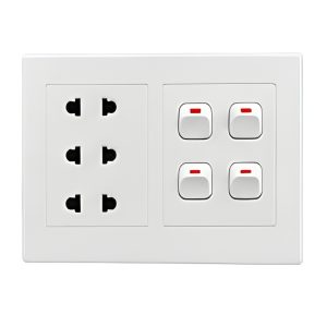 Bộ công tắc ổ cắm đôi - 4 công tắc tích hợp 3 ổ cắm 2 chấu và đế nổi đôiA20B23U4N MPE - Thiết bị điện Mai Linh Electric