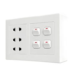 Bộ công tắc ổ cắm đôi - 4 công tắc tích hợp 3 ổ cắm 2 chấu và đế nổi đôiA20B23U4N MPE - Thiết bị điện Mai Linh Electric