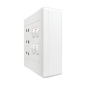Bộ công tắc ổ cắm đôi - 4 công tắc tích hợp 3 ổ cắm 2 chấu và đế nổi đôiA20B23U4N MPE - Thiết bị điện Mai Linh Electric