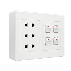 Bộ công tắc ổ cắm đôi - 4 công tắc tích hợp 3 ổ cắm 2 chấu và đế nổi đôiA20B23U4N MPE - Thiết bị điện Mai Linh Electric