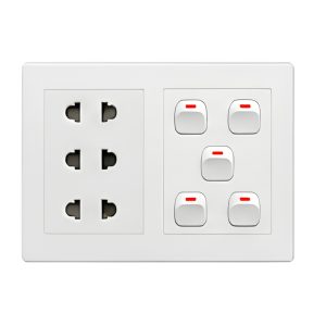 Bộ công tắc ổ cắm đôi - 5 công tắc tích hợp 3 ổ cắm 2 chấu và đế nổi đôi A20B23U5N MPE - Thiết bị điện Mai Linh Electric