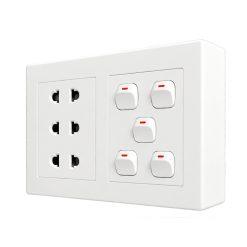 Bộ công tắc ổ cắm đôi - 5 công tắc tích hợp 3 ổ cắm 2 chấu và đế nổi đôi A20B23U5N MPE - Thiết bị điện Mai Linh Electric