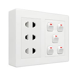 Bộ công tắc ổ cắm đôi - 5 công tắc tích hợp 3 ổ cắm 2 chấu và đế nổi đôi A20B23U5N MPE - Thiết bị điện Mai Linh Electric