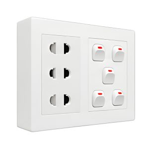 Bộ công tắc ổ cắm đôi - 5 công tắc tích hợp 3 ổ cắm 2 chấu và đế nổi đôi A20B23U5N MPE - Thiết bị điện Mai Linh Electric