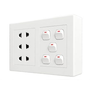 Bộ công tắc ổ cắm đôi - 5 công tắc tích hợp 3 ổ cắm 2 chấu và đế nổi đôi A20B23U5N MPE - Thiết bị điện Mai Linh Electric
