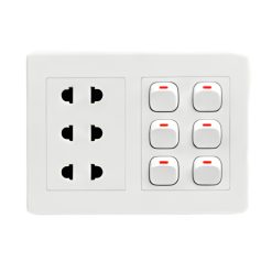 Bộ công tắc ổ cắm đôi - 6 công tắc tích hợp 3 ổ cắm 2 chấu và đế nổi đôi A20B23U6N MPE - Thiết bị điện Mai Linh Electric