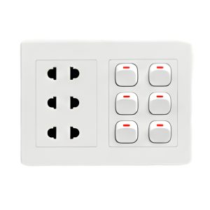 Bộ công tắc ổ cắm đôi - 6 công tắc tích hợp 3 ổ cắm 2 chấu và đế nổi đôi A20B23U6N MPE - Thiết bị điện Mai Linh Electric