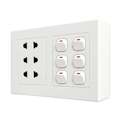 Bộ công tắc ổ cắm đôi - 6 công tắc tích hợp 3 ổ cắm 2 chấu và đế nổi đôi A20B23U6N MPE - Thiết bị điện Mai Linh Electric