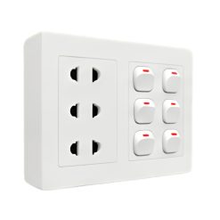Bộ công tắc ổ cắm đôi - 6 công tắc tích hợp 3 ổ cắm 2 chấu và đế nổi đôi A20B23U6N MPE - Thiết bị điện Mai Linh Electric