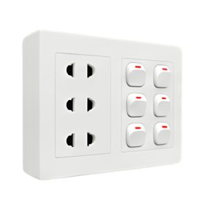 Bộ công tắc ổ cắm đôi - 6 công tắc tích hợp 3 ổ cắm 2 chấu và đế nổi đôi A20B23U6N MPE - Thiết bị điện Mai Linh Electric