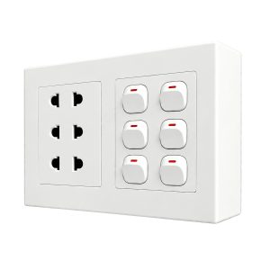 Bộ công tắc ổ cắm đôi - 6 công tắc tích hợp 3 ổ cắm 2 chấu và đế nổi đôi A20B23U6N MPE - Thiết bị điện Mai Linh Electric