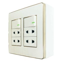 Bộ công tắc ổ cắm đôi viền vàng 2 công tắc 4 ổ cắm 2 chấu và đế nổi đôi vặn vít A60B24U2GV MPE - Thiết bị điện Mai Linh Electric