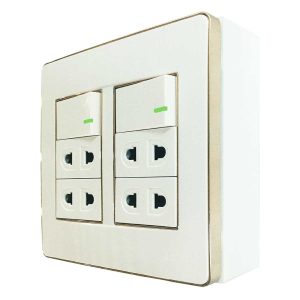 Bộ công tắc ổ cắm đôi viền vàng 2 công tắc 4 ổ cắm 2 chấu và đế nổi đôi vặn vít A60B24U2GV MPE - Thiết bị điện Mai Linh Electric