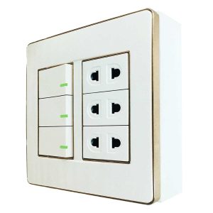 Bộ công tắc ổ cắm đôi viền vàng 3 công tắc 3 ổ cắm 2 chấu và đế nổi đôi vặn vít A60B23U3GV MPE - Thiết bị điện Mai Linh Electric