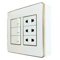 Bộ công tắc ổ cắm đôi viền vàng - 3 công tắc tích hợp 3 ổ cắm 2 chấu và đế nổi đôi A60B23U3G MPE - Thiết bị điện Mai Linh Electric