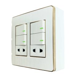 Bộ công tắc ổ cắm đôi viền vàng - 4 công tắc tích hợp 2 ổ cắm 2 chấu và đế nổi đôi A60B22U4G MPE - Thiết bị điện Mai Linh Electric