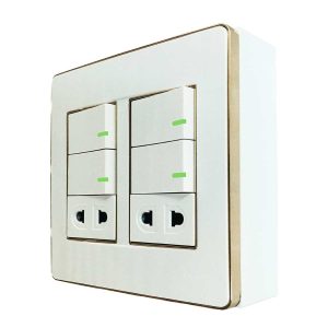 Bộ công tắc ổ cắm đôi viền vàng - 4 công tắc tích hợp 2 ổ cắm 2 chấu và đế nổi đôi A60B22U4G MPE - Thiết bị điện Mai Linh Electric