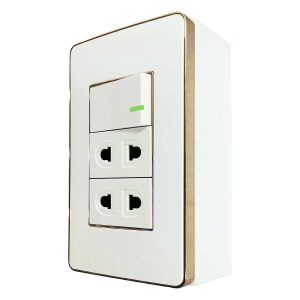 Bộ công tắc ổ cắm đơn viền vàng 1 công tắc 2 ổ cắm 2 chấu và đế nổi đơn vặn vít A60B12U1GV MPE - Thiết bị điện Mai Linh Electric