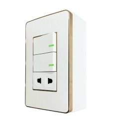 Bộ công tắc ổ cắm đơn viền vàng 2 công tắc 1 ổ cắm 2 chấu và đế nổi đơn vặn vít A60B11U2GV MPE - Thiết bị điện Mai Linh Electric