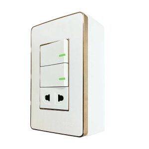 Bộ công tắc ổ cắm đơn viền vàng 2 công tắc 1 ổ cắm 2 chấu và đế nổi đơn vặn vít A60B11U2GV MPE - Thiết bị điện Mai Linh Electric