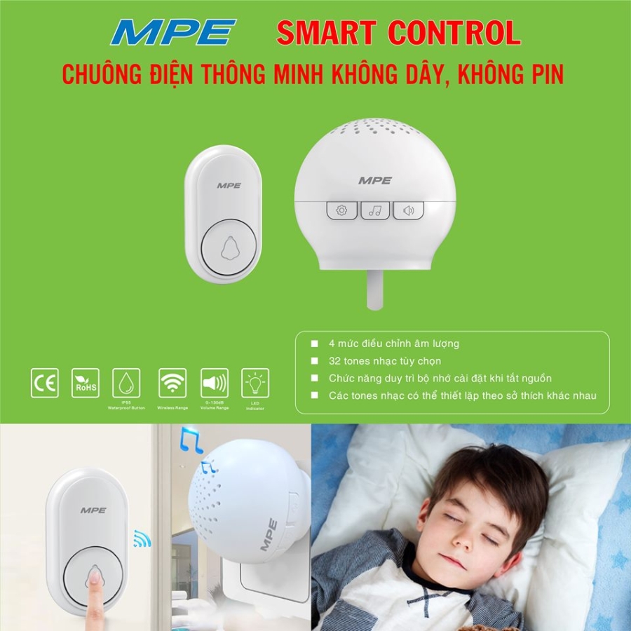 Chuông cửa không dây - không pin - 32 âm tuỳ chọn mã DB2 MPE - Thiết bị điện Mai Linh Electric